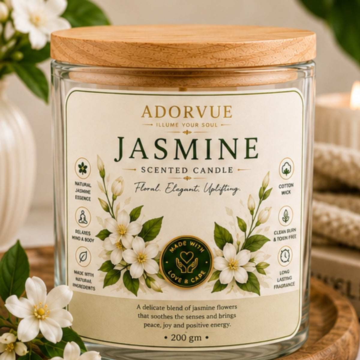 Jasmine Scented Candle for Home Decor & Bedroom | 100% Soy Wax Candle with Natural Jasmine Oil