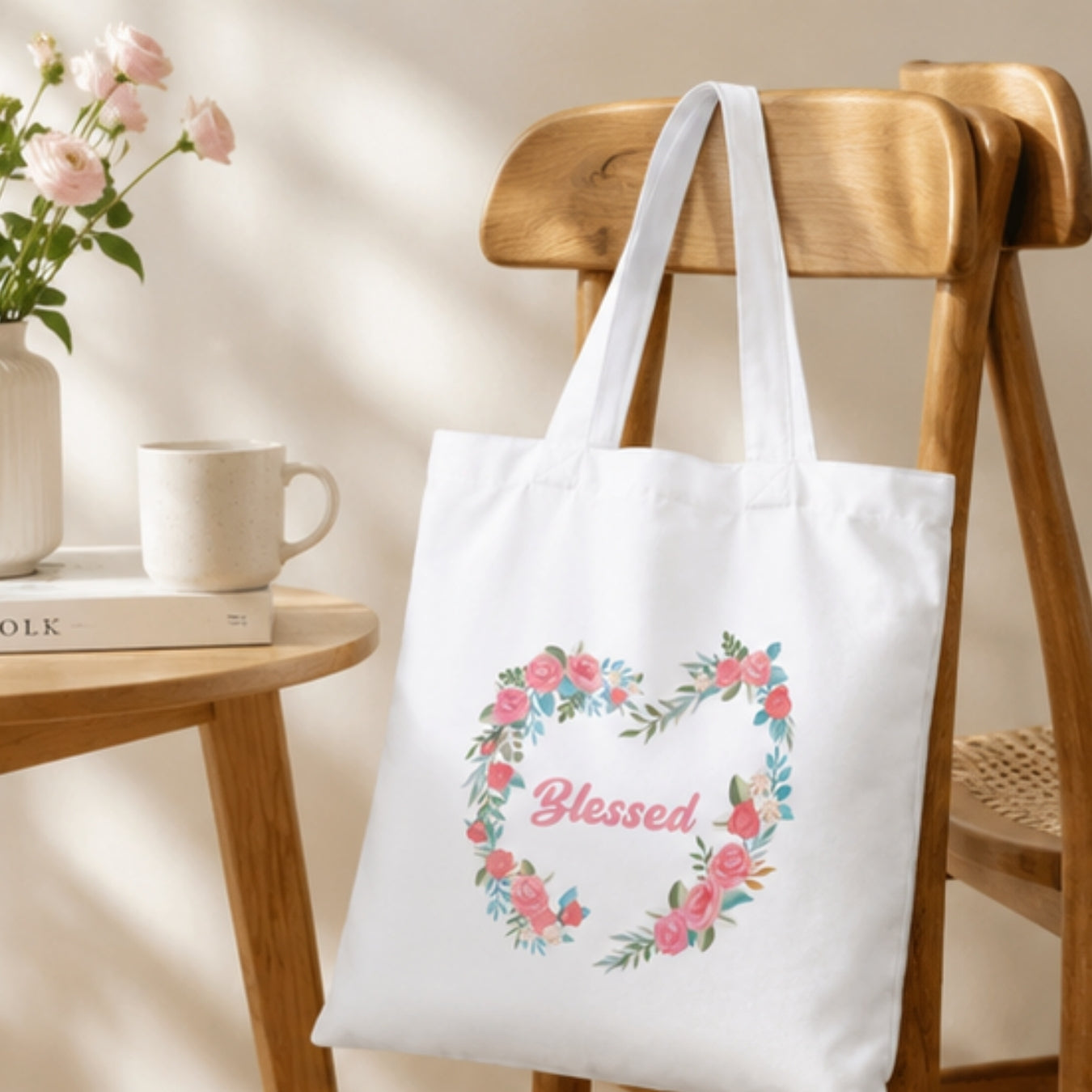 Premium Reusable Blessed Quote Floral Tote Bag Stylish Eco-Friendly Cotton Handbags, Canvas Bags for College, Shopping, Office, Travel, Grocery Runs, Beach Day and Casual Outing