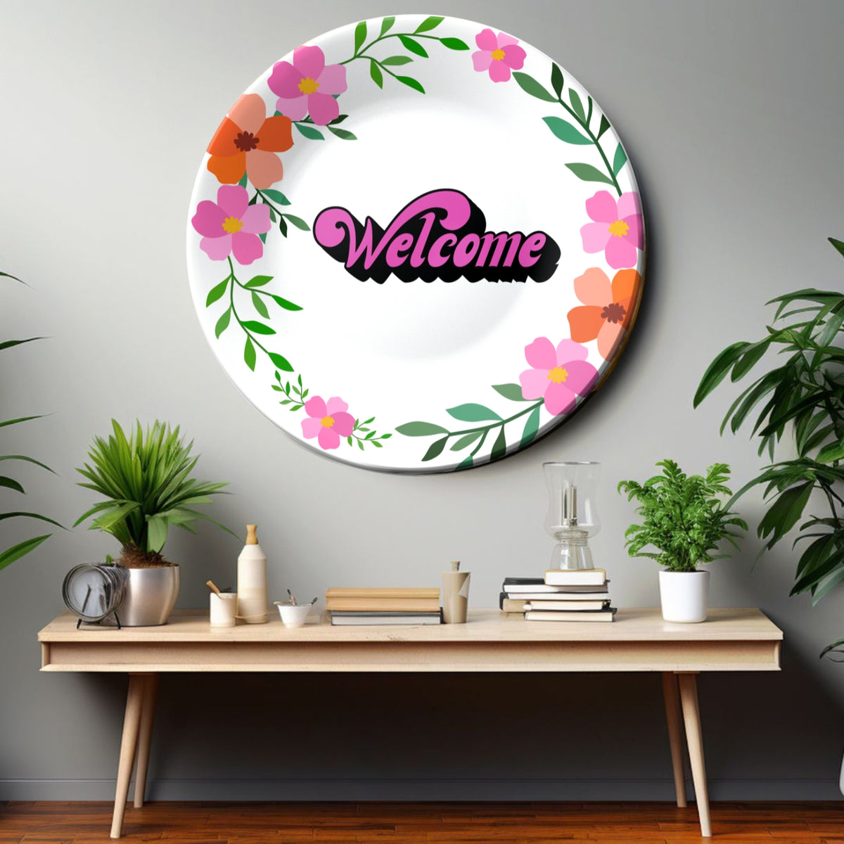 Welcome Quote With Colourful Flowers Ceramic Wall Plate Home Décor