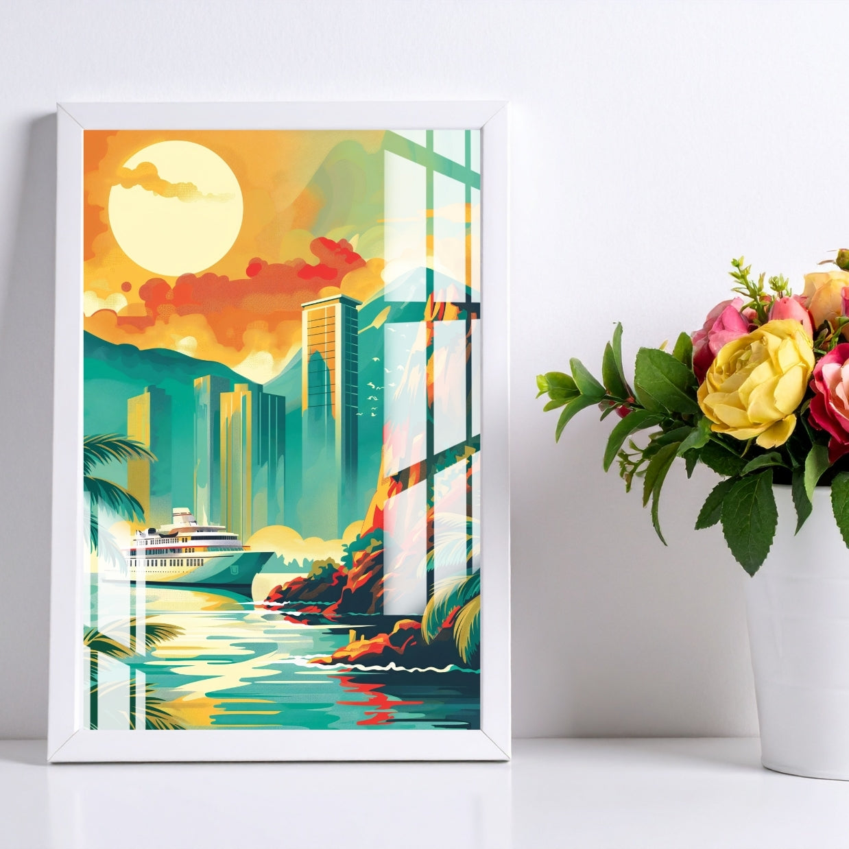 Neon Coastline City Metal Print With or Without Frame Wall Art