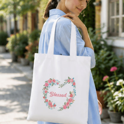 Premium Reusable Blessed Quote Floral Tote Bag Stylish Eco-Friendly Cotton Handbags, Canvas Bags for College, Shopping, Office, Travel, Grocery Runs, Beach Day and Casual Outing
