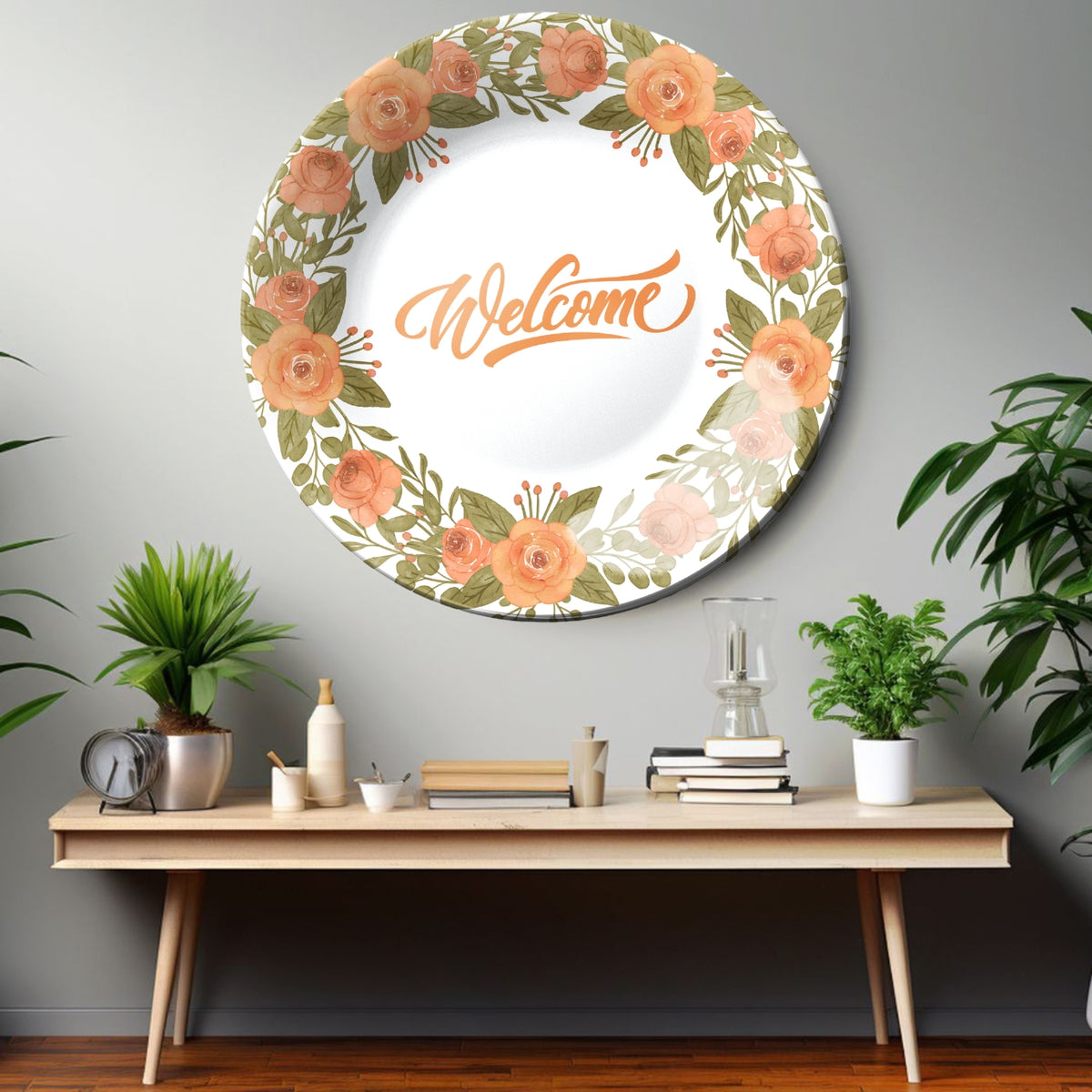 Welcome  With Orange Flowers Ceramic Wall Plate Home Décor