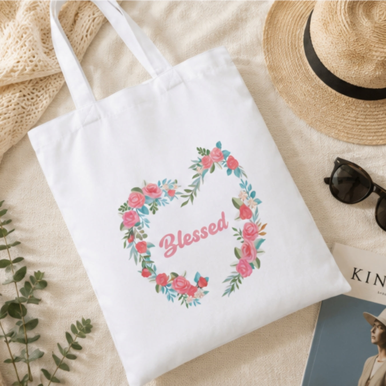 Premium Reusable Blessed Quote Floral Tote Bag Stylish Eco-Friendly Cotton Handbags, Canvas Bags for College, Shopping, Office, Travel, Grocery Runs, Beach Day and Casual Outing