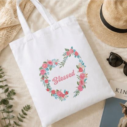 Premium Reusable Blessed Quote Floral Tote Bag Stylish Eco-Friendly Cotton Handbags, Canvas Bags for College, Shopping, Office, Travel, Grocery Runs, Beach Day and Casual Outing