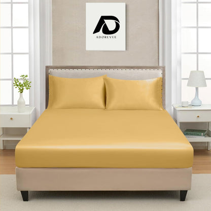 Silk Satin Fitted Sheet With Pillow Covers Golden Yellow