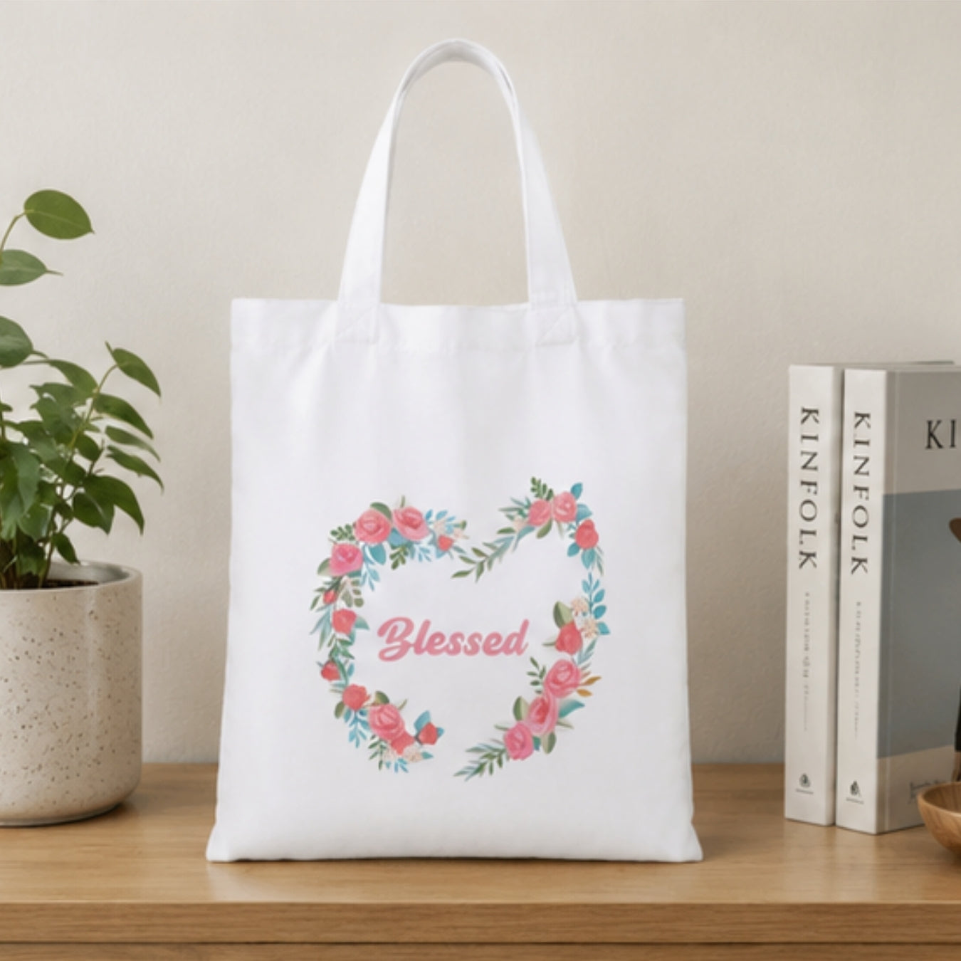 Premium Reusable Blessed Quote Floral Tote Bag Stylish Eco-Friendly Cotton Handbags, Canvas Bags for College, Shopping, Office, Travel, Grocery Runs, Beach Day and Casual Outing