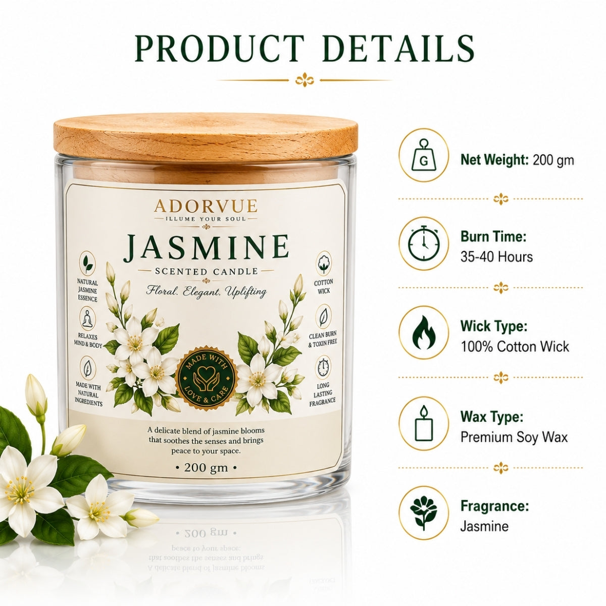 Jasmine Scented Candle for Home Decor & Bedroom | 100% Soy Wax Candle with Natural Jasmine Oil