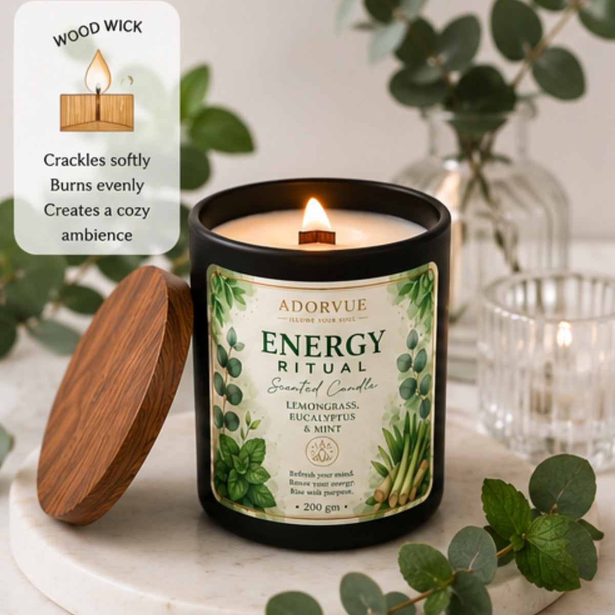 Energy Ritual Scented Candle for Home Fragrance | Lemongrass, Eucalyptus & Mint Soy Wax Candle