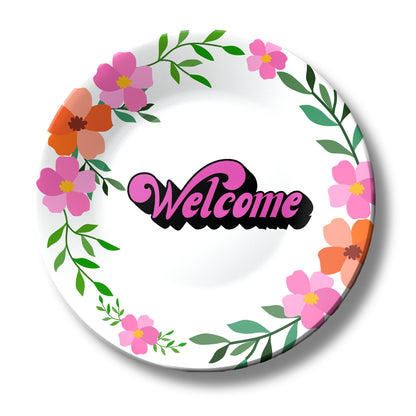 Welcome Quote With Colourful Flowers Ceramic Wall Plate Home Décor