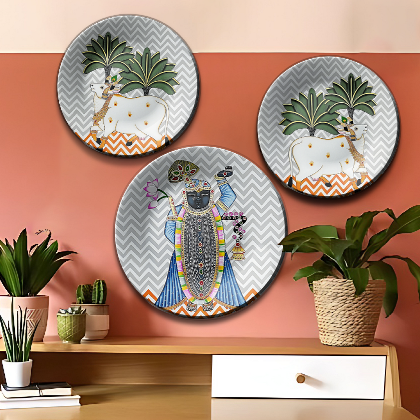 Set of 3 Cow and Shrinath Ji Pichwai Decorative Wall Plates