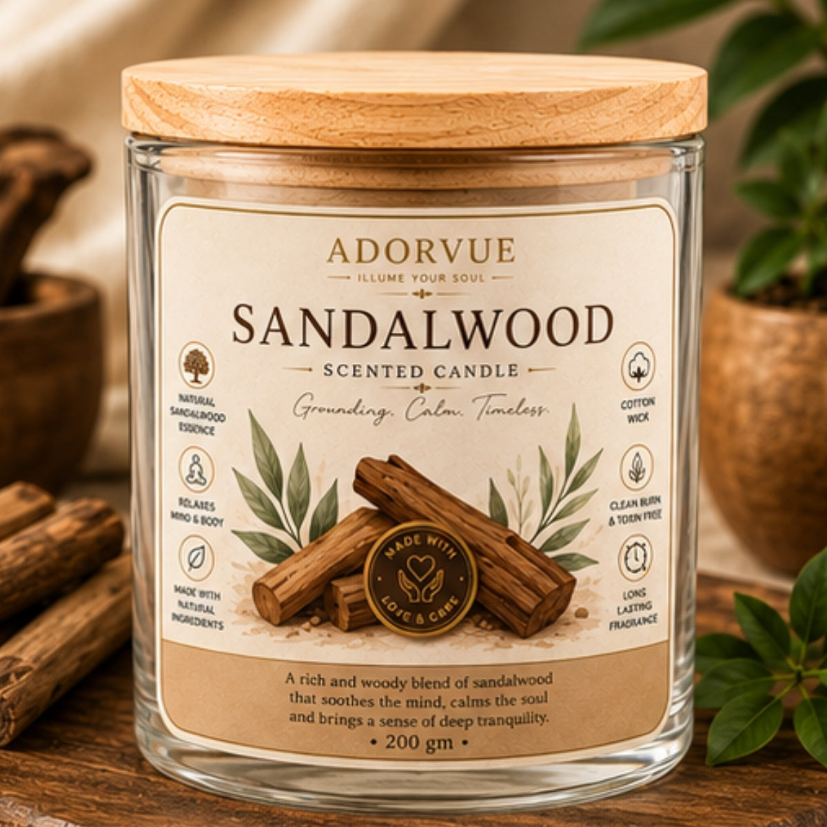Sandalwood Scented Candle for Home Decor & Gifting | Natural Soy Wax Aromatherapy Candle