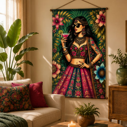 Boho Diva Fabric Wall Tapestry Hanging for Living Room & Bedroom | Stylish Indian Fashion Girl Wall Decor with Floral Design | Aesthetic Fabric Tapestry for Home, Salon, Café & Girls Room 20x30 Inch