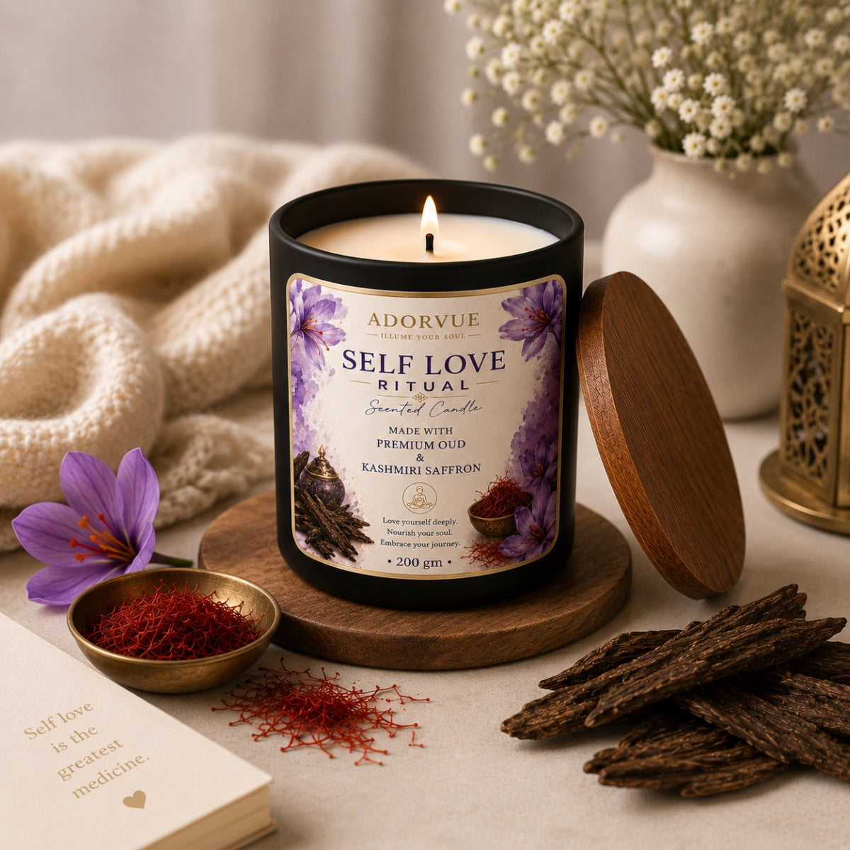 Self Love Ritual Scented Candle for Home Fragrance | Premium Oud & Kashmiri Saffron Aroma Candle