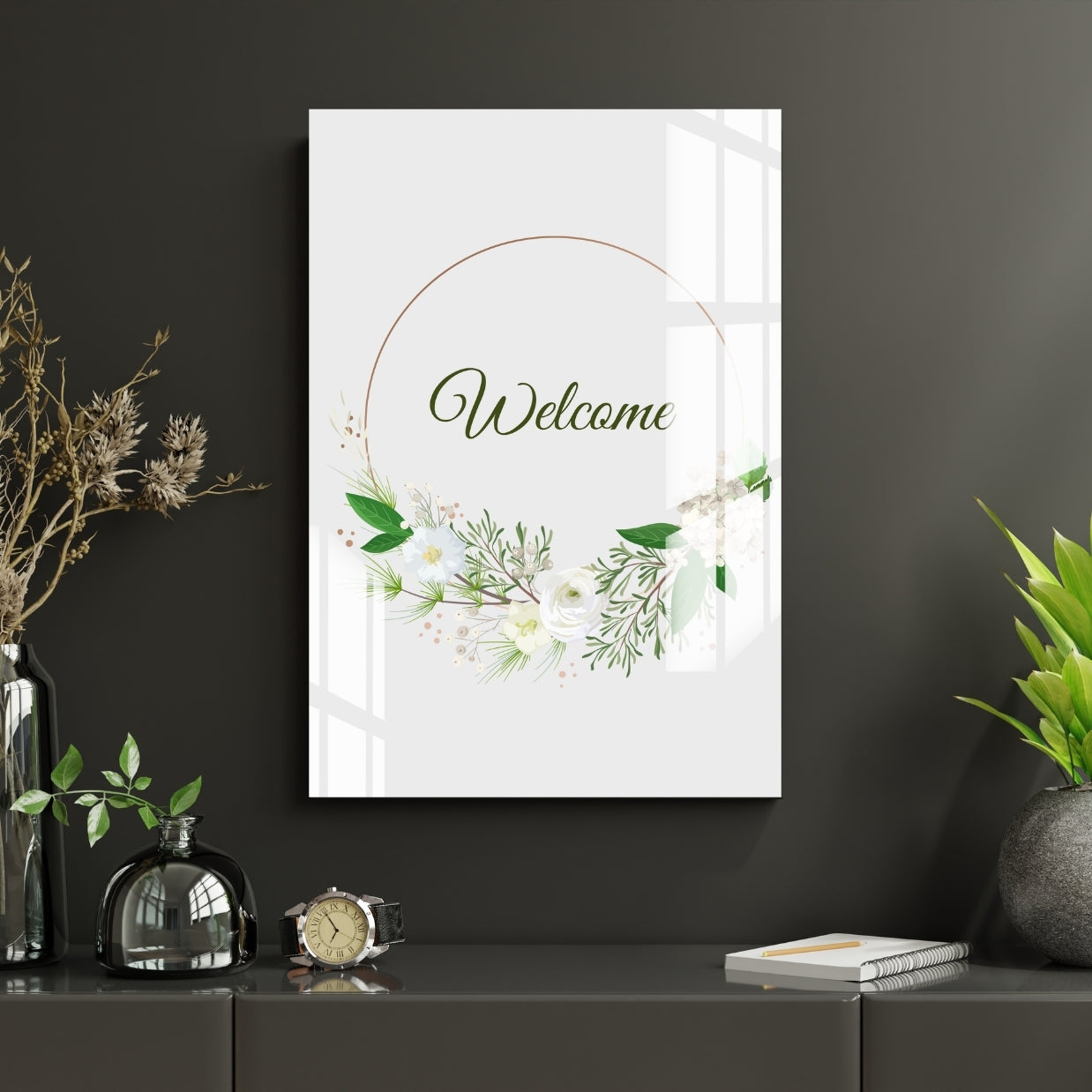 Botanical Welcome Wreath Metal Print With or Without Frame Wall Art