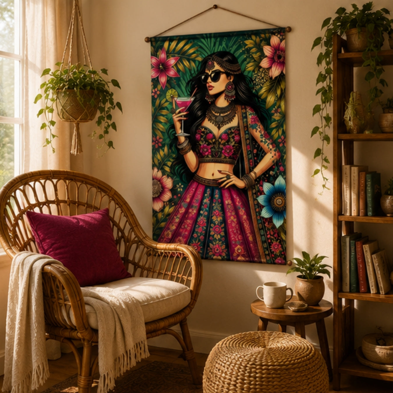 Boho Diva Fabric Wall Tapestry Hanging for Living Room & Bedroom | Stylish Indian Fashion Girl Wall Decor with Floral Design | Aesthetic Fabric Tapestry for Home, Salon, Café & Girls Room 20x30 Inch