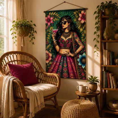 Boho Diva Fabric Wall Tapestry Hanging for Living Room & Bedroom | Stylish Indian Fashion Girl Wall Decor with Floral Design | Aesthetic Fabric Tapestry for Home, Salon, Café & Girls Room 20x30 Inch