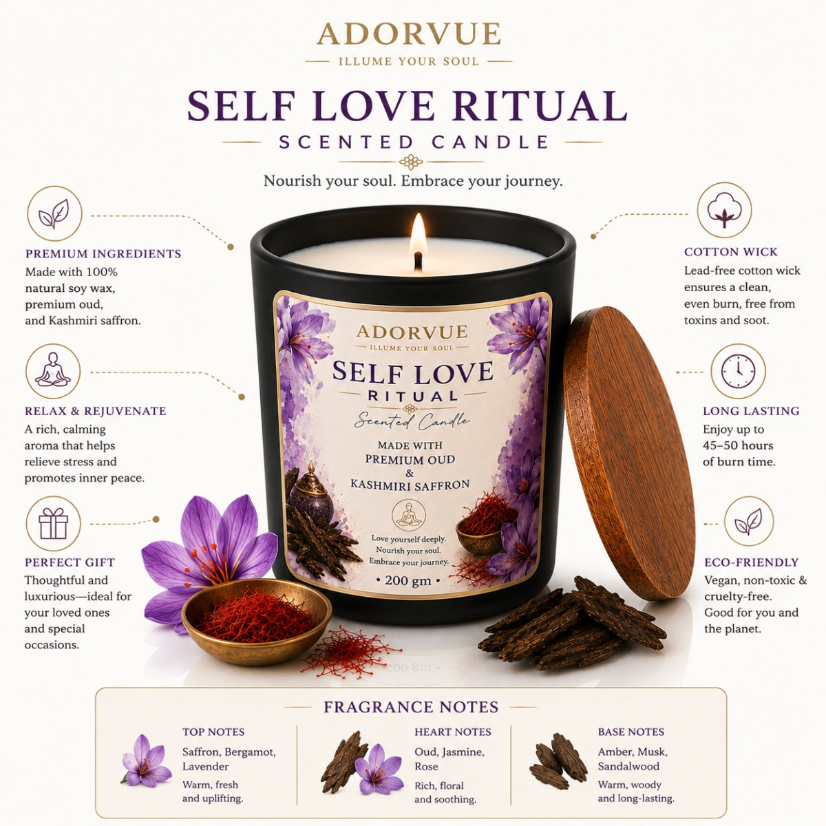 Self Love Ritual Scented Candle for Home Fragrance | Premium Oud & Kashmiri Saffron Aroma Candle