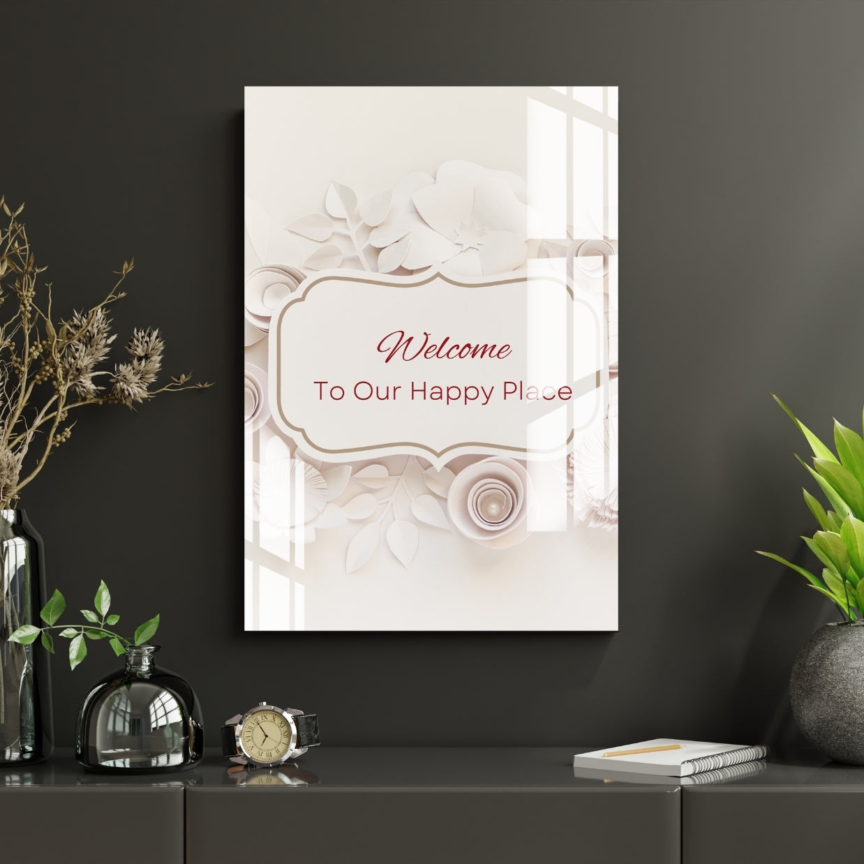 Welcome To Our Happy Place Metal Print With or Without Frame Wall Art
