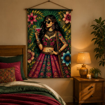 Boho Diva Fabric Wall Tapestry Hanging for Living Room & Bedroom | Stylish Indian Fashion Girl Wall Decor with Floral Design | Aesthetic Fabric Tapestry for Home, Salon, Café & Girls Room 20x30 Inch
