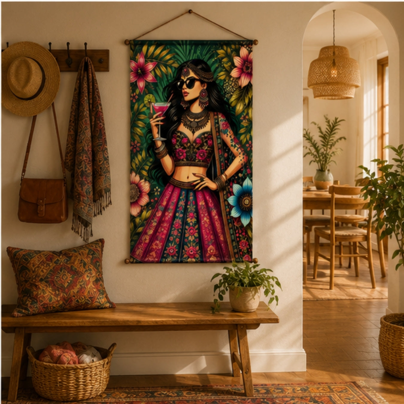 Boho Diva Fabric Wall Tapestry Hanging for Living Room & Bedroom | Stylish Indian Fashion Girl Wall Decor with Floral Design | Aesthetic Fabric Tapestry for Home, Salon, Café & Girls Room 20x30 Inch