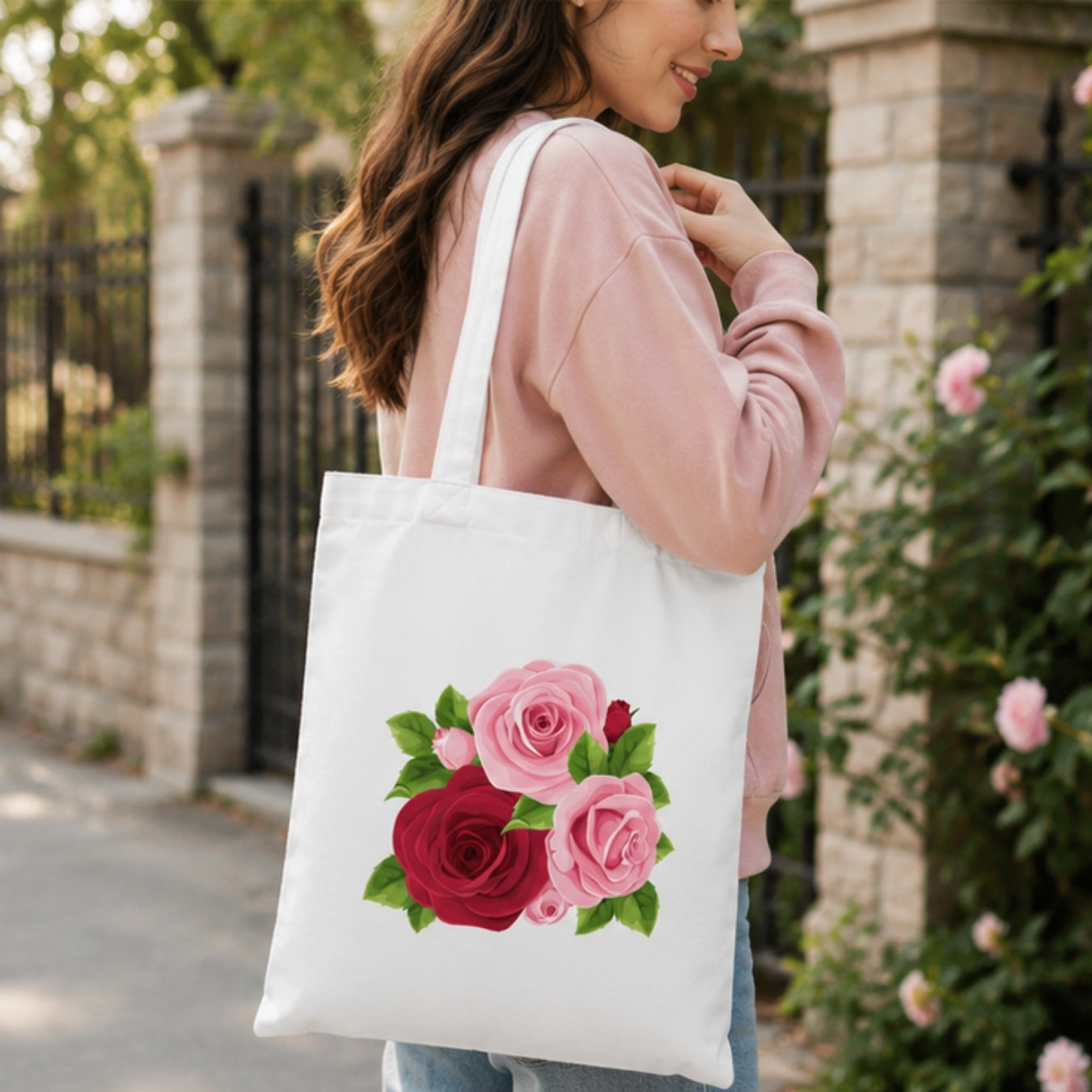 Colourful Rose Premium Reusable Unique Art Printed Tote Bag Stylish Eco-Friendly Cotton Handbags, Canvas Bags for College, Shopping, Office, Travel, Grocery Runs, Beach Day and Casual Outings