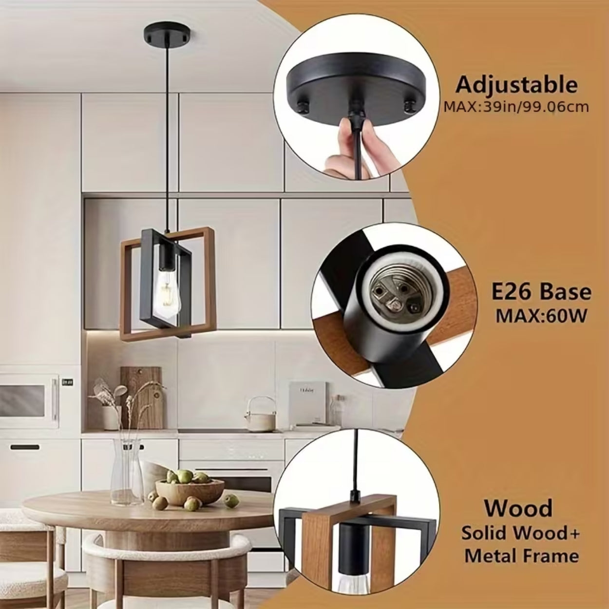 Set of 2 Noir Frame Pendant Solid Wood Lamp