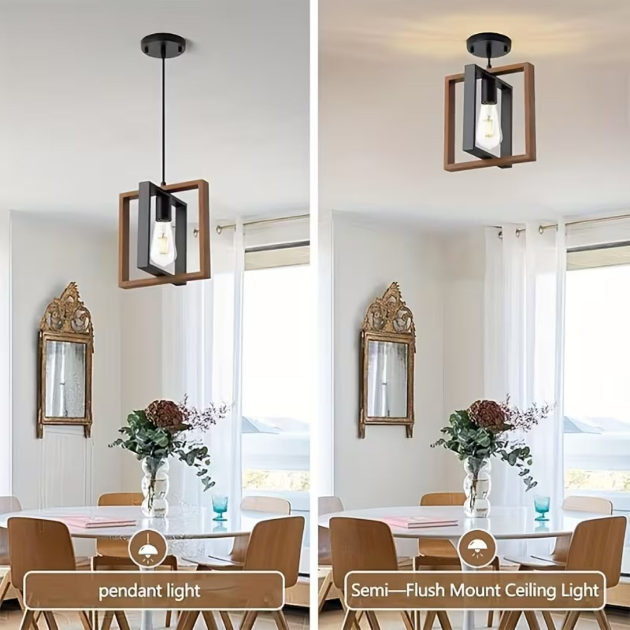 Set of 2 Noir Frame Pendant Solid Wood Lamp