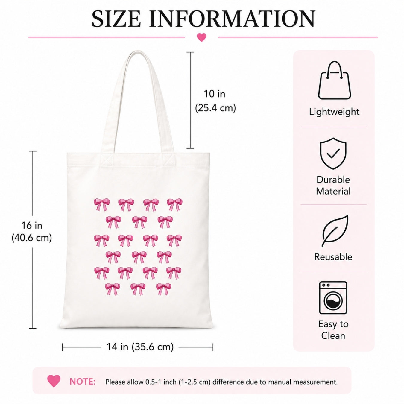 Cute Bows Premium Reusable Unique Art Printed Tote Bag Stylish Eco-Friendly Cotton Handbags, Canvas Bags for College, Shopping, Office, Travel, Grocery Runs, Beach Day and Casual Outings