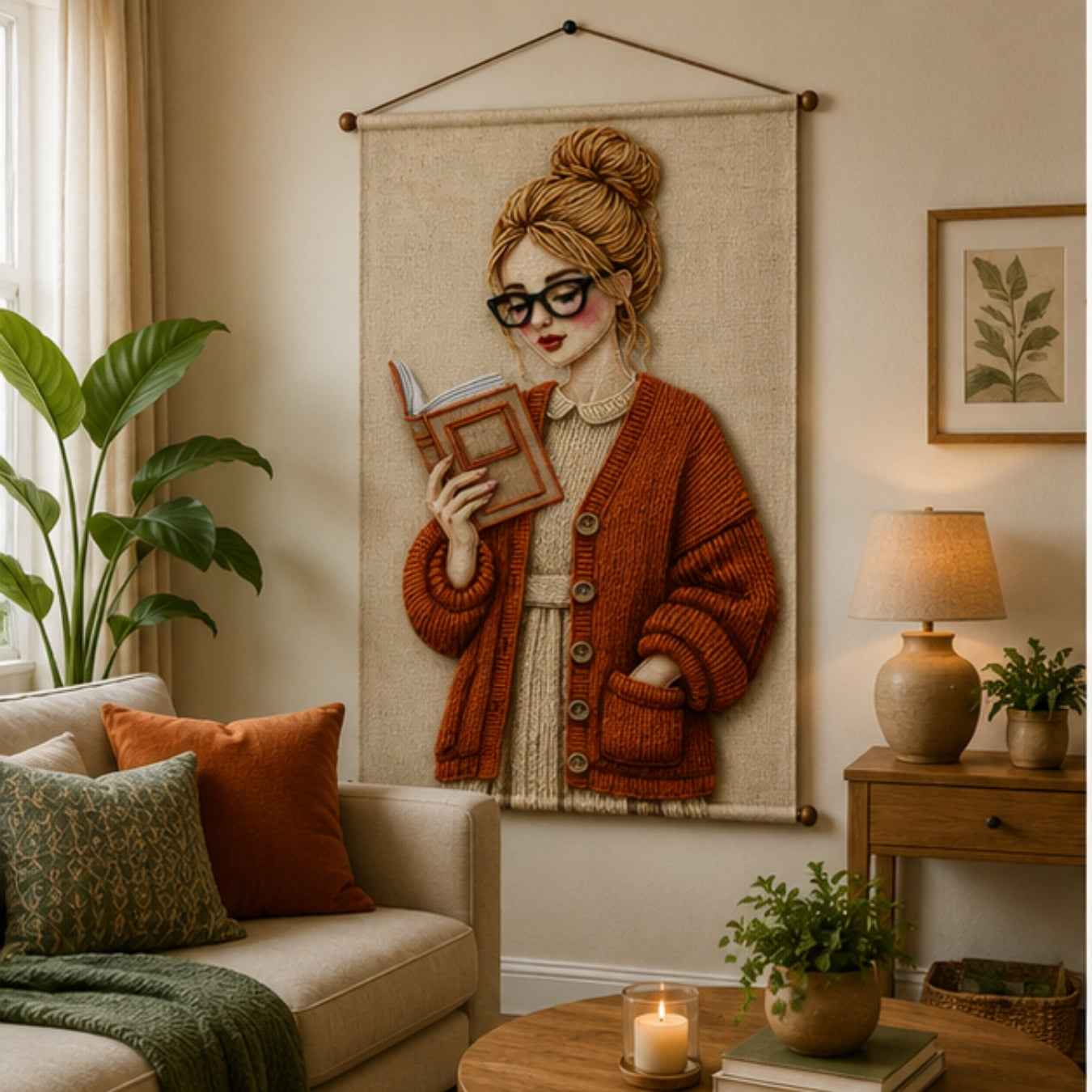 Aesthetic Girl Tapestry Wall Hanging for Bedroom & Living Room | Cozy Reading Girl Wall Decor with Knitted Sweater Design | Book Lover Fabric Tapestry for Home, Study & Boho Room Decor 20x30 Inch