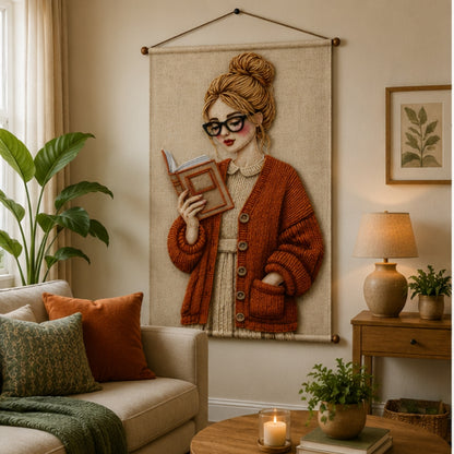 Aesthetic Girl Tapestry Wall Hanging for Bedroom & Living Room | Cozy Reading Girl Wall Decor with Knitted Sweater Design | Book Lover Fabric Tapestry for Home, Study & Boho Room Decor 20x30 Inch