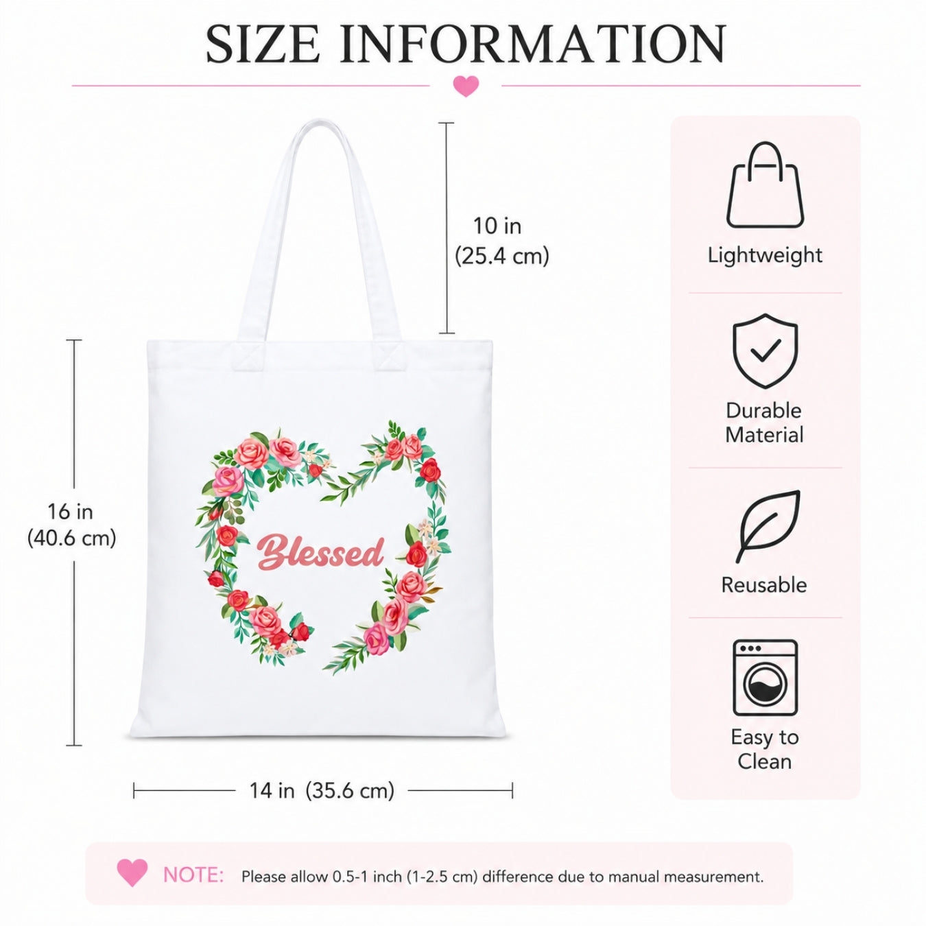 Premium Reusable Blessed Quote Floral Tote Bag Stylish Eco-Friendly Cotton Handbags, Canvas Bags for College, Shopping, Office, Travel, Grocery Runs, Beach Day and Casual Outing
