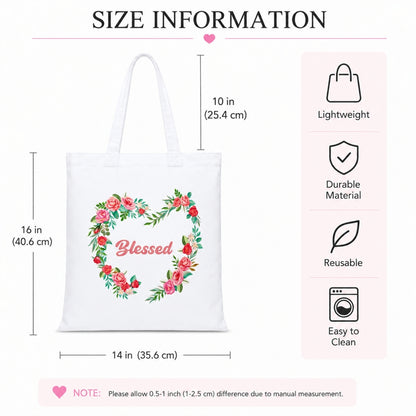 Premium Reusable Blessed Quote Floral Tote Bag Stylish Eco-Friendly Cotton Handbags, Canvas Bags for College, Shopping, Office, Travel, Grocery Runs, Beach Day and Casual Outing
