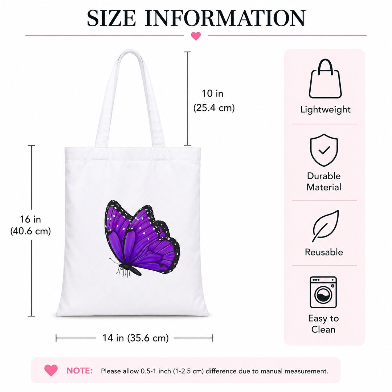 Butterfly Premium Reusable Tote Bag Stylish Eco-Friendly Cotton Handbags, Canvas Bags for College, Shopping, Office, Travel, Grocery Runs, Beach Day and Casual Outing