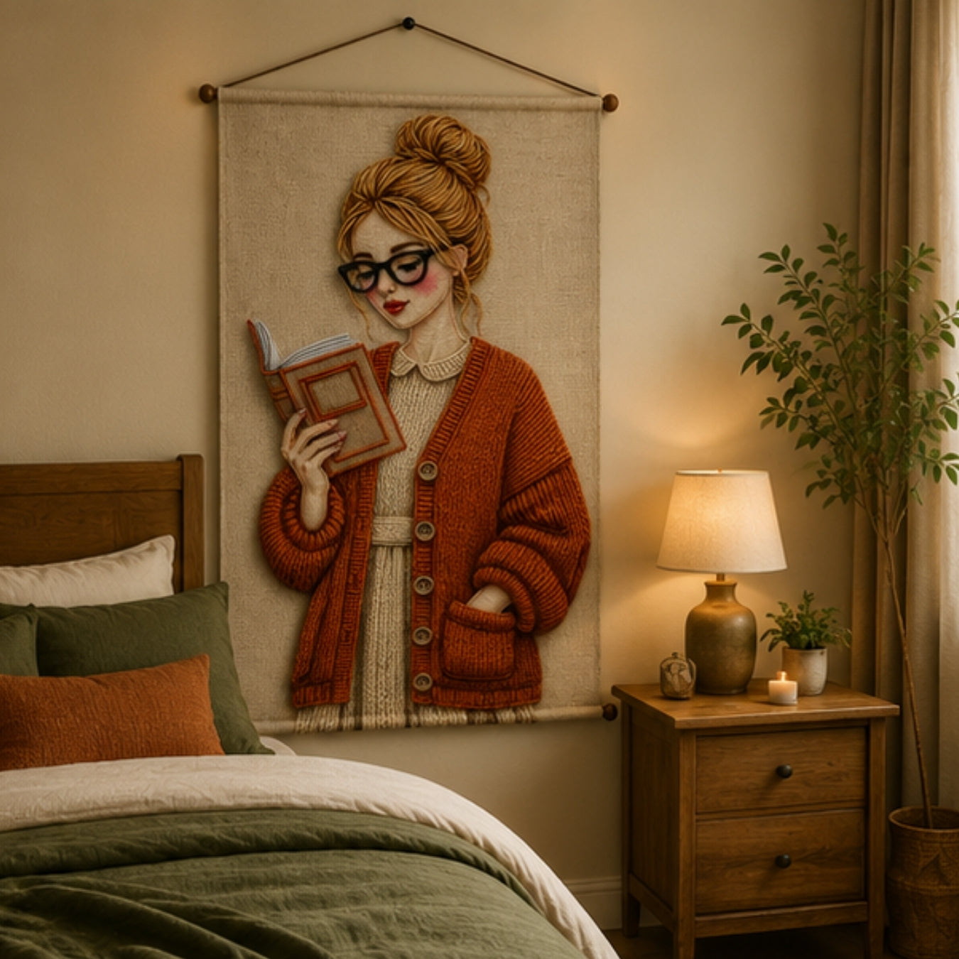 Aesthetic Girl Tapestry Wall Hanging for Bedroom & Living Room | Cozy Reading Girl Wall Decor with Knitted Sweater Design | Book Lover Fabric Tapestry for Home, Study & Boho Room Decor 20x30 Inch