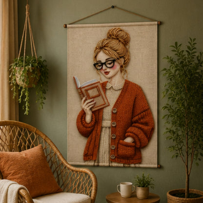 Aesthetic Girl Tapestry Wall Hanging for Bedroom & Living Room | Cozy Reading Girl Wall Decor with Knitted Sweater Design | Book Lover Fabric Tapestry for Home, Study & Boho Room Decor 20x30 Inch