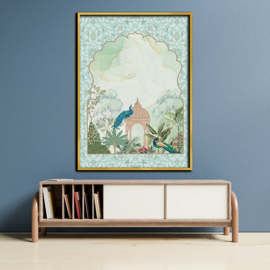 Regal Serenity Peacock Couple Canvas Painting Framed Wall Art