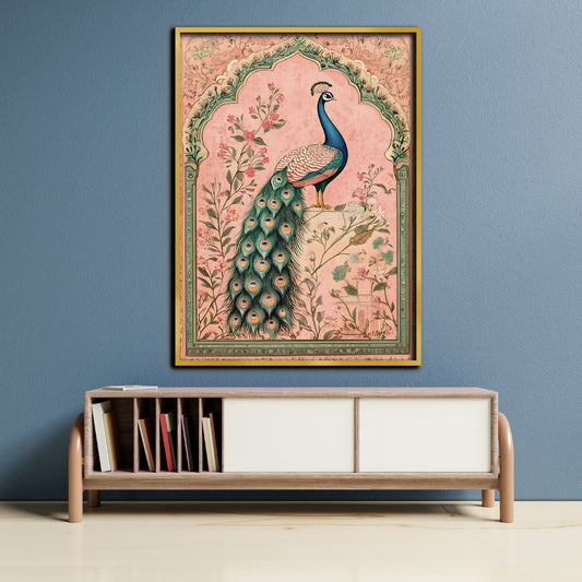 Pink Royal Grace Peacock Canvas Painting Framed Wall Art