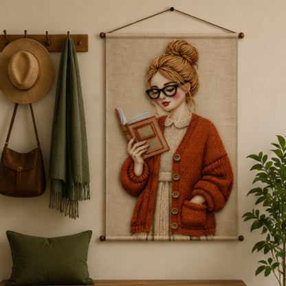 Aesthetic Girl Tapestry Wall Hanging for Bedroom & Living Room | Cozy Reading Girl Wall Decor with Knitted Sweater Design | Book Lover Fabric Tapestry for Home, Study & Boho Room Decor 20x30 Inch