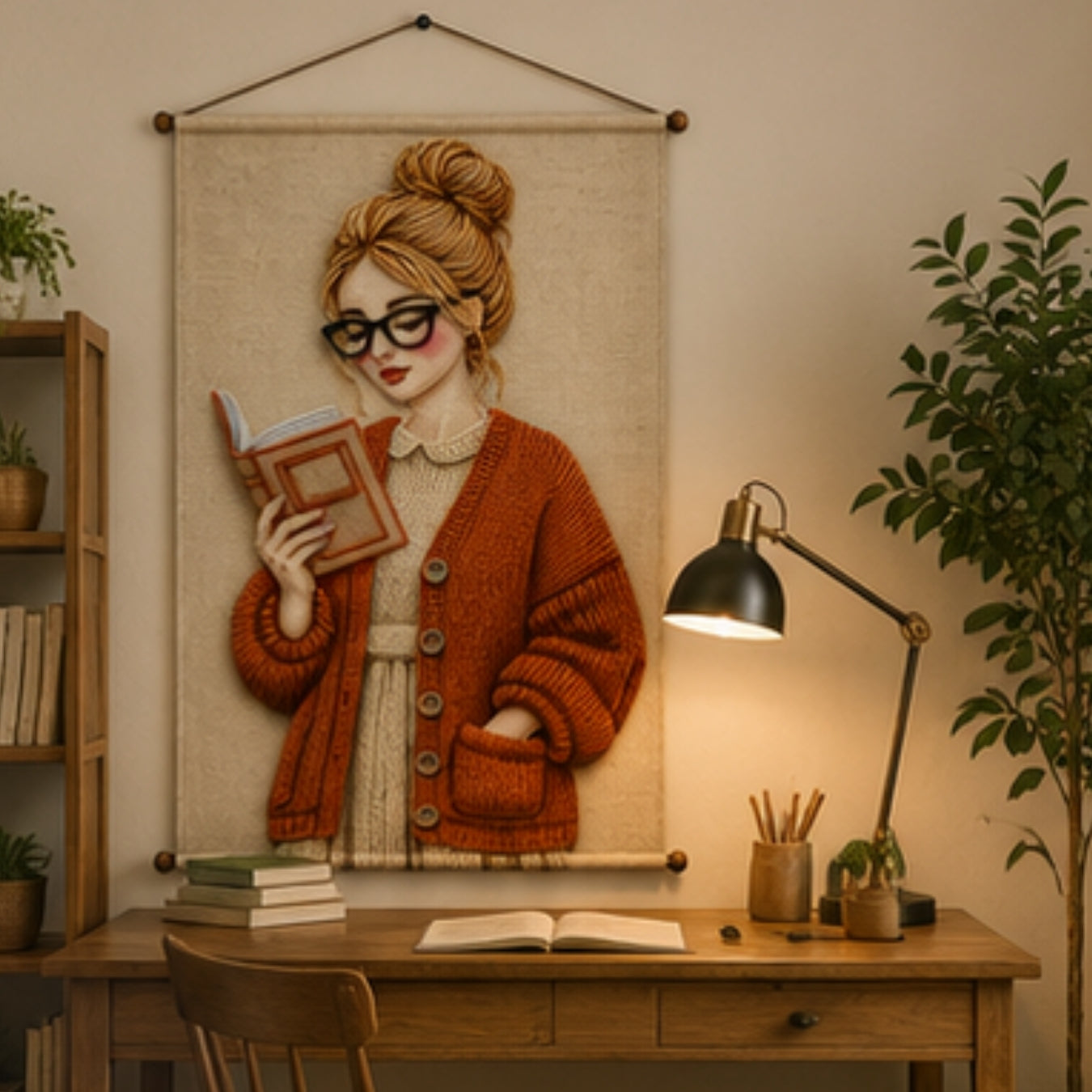 Aesthetic Girl Tapestry Wall Hanging for Bedroom & Living Room | Cozy Reading Girl Wall Decor with Knitted Sweater Design | Book Lover Fabric Tapestry for Home, Study & Boho Room Decor 20x30 Inch