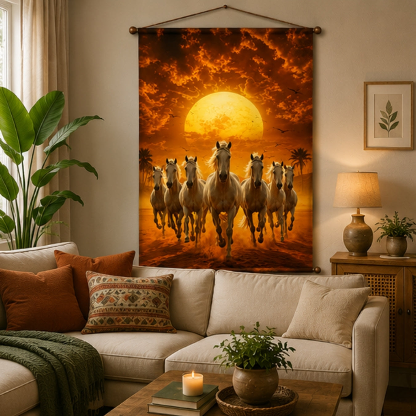 Seven Running Horse Vastu Tapestry Wall Hanging for Living Room & Bedroom | Running White Horses Sunrise Wall Decor | Aesthetic Animal Fabric Tapestry for Home, Office & Boho Decor 20x30 Inch