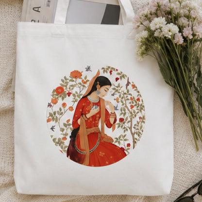 Rajasthan-Inspired Premium Reusable Unique Art Printed Tote Bag Stylish Eco-Friendly Cotton Handbags, Canvas Bags for College, Shopping, Office, Travel, Grocery Runs, Beach Day and Casual Outings