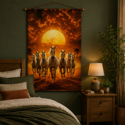 Seven Running Horse Vastu Tapestry Wall Hanging for Living Room & Bedroom | Running White Horses Sunrise Wall Decor | Aesthetic Animal Fabric Tapestry for Home, Office & Boho Decor 20x30 Inch