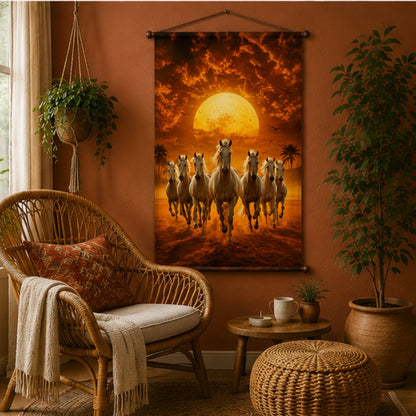 Seven Running Horse Vastu Tapestry Wall Hanging for Living Room & Bedroom | Running White Horses Sunrise Wall Decor | Aesthetic Animal Fabric Tapestry for Home, Office & Boho Decor 20x30 Inch