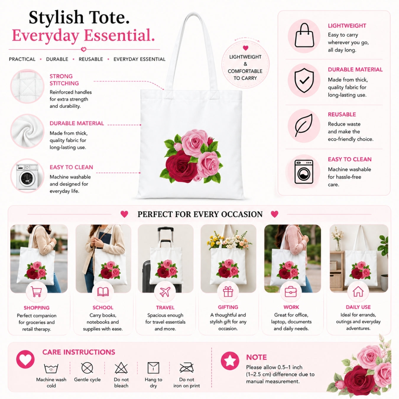 Colourful Rose Premium Reusable Unique Art Printed Tote Bag Stylish Eco-Friendly Cotton Handbags, Canvas Bags for College, Shopping, Office, Travel, Grocery Runs, Beach Day and Casual Outings