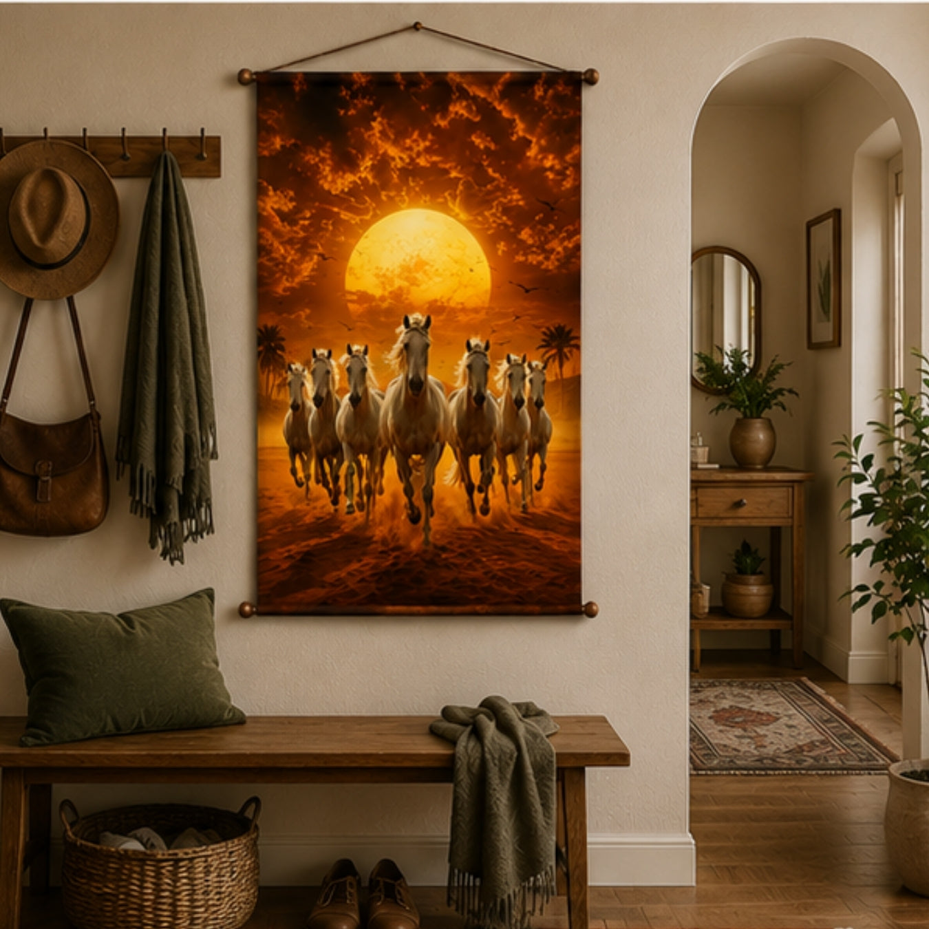 Seven Running Horse Vastu Tapestry Wall Hanging for Living Room & Bedroom | Running White Horses Sunrise Wall Decor | Aesthetic Animal Fabric Tapestry for Home, Office & Boho Decor 20x30 Inch