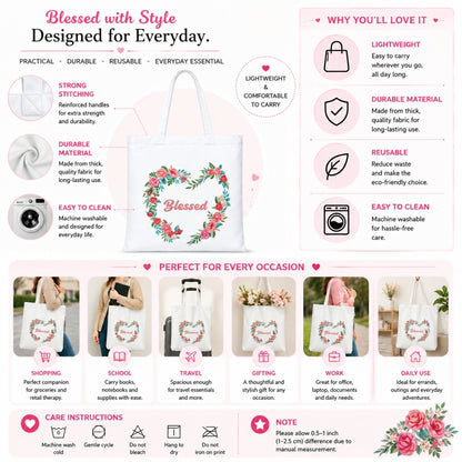 Premium Reusable Blessed Quote Floral Tote Bag Stylish Eco-Friendly Cotton Handbags, Canvas Bags for College, Shopping, Office, Travel, Grocery Runs, Beach Day and Casual Outing