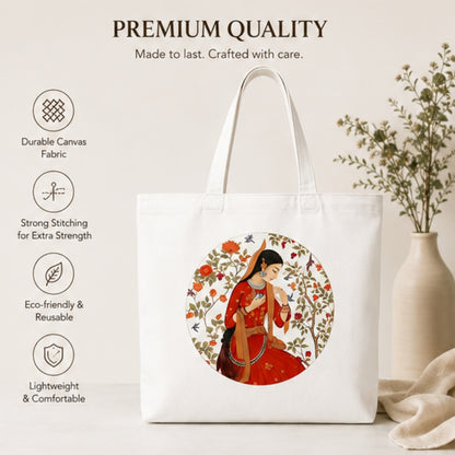 Rajasthan-Inspired Premium Reusable Unique Art Printed Tote Bag Stylish Eco-Friendly Cotton Handbags, Canvas Bags for College, Shopping, Office, Travel, Grocery Runs, Beach Day and Casual Outings