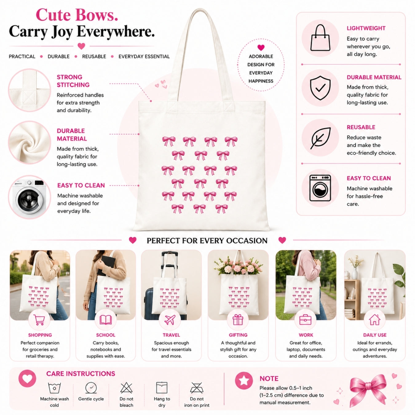 Cute Bows Premium Reusable Unique Art Printed Tote Bag Stylish Eco-Friendly Cotton Handbags, Canvas Bags for College, Shopping, Office, Travel, Grocery Runs, Beach Day and Casual Outings
