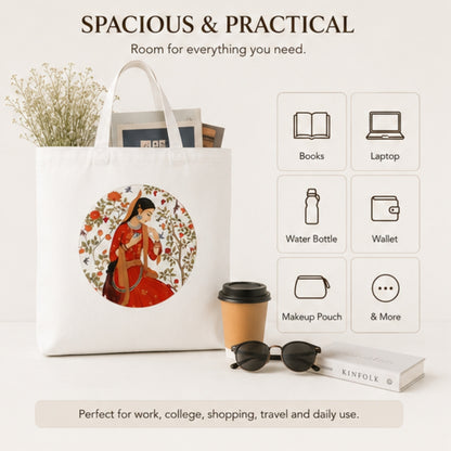 Rajasthan-Inspired Premium Reusable Unique Art Printed Tote Bag Stylish Eco-Friendly Cotton Handbags, Canvas Bags for College, Shopping, Office, Travel, Grocery Runs, Beach Day and Casual Outings
