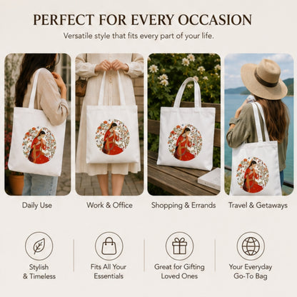 Rajasthan-Inspired Premium Reusable Unique Art Printed Tote Bag Stylish Eco-Friendly Cotton Handbags, Canvas Bags for College, Shopping, Office, Travel, Grocery Runs, Beach Day and Casual Outings
